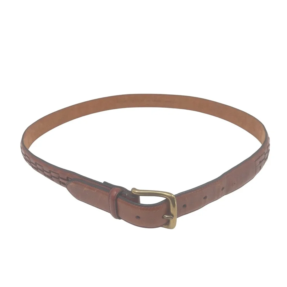 Mens Vintage Leather Belt Brown Oil Tan Cowhide Woven Inlay Solid Brass 40